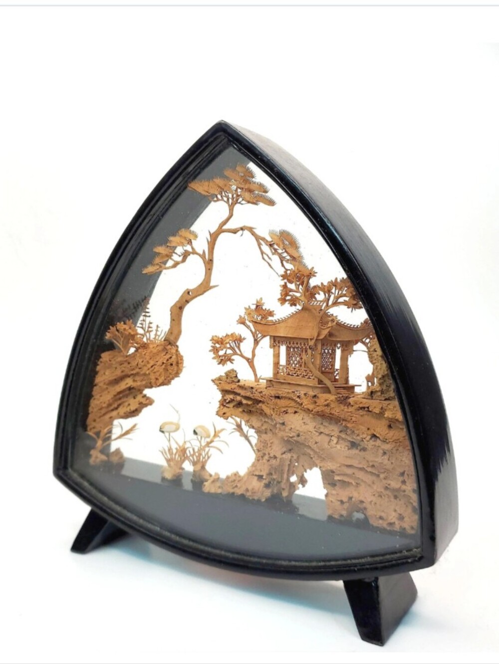 Vintage Chinese Cork Carving Art Diorama Pagoda Crane Triangular Framed Decor - Picture 5 of 8